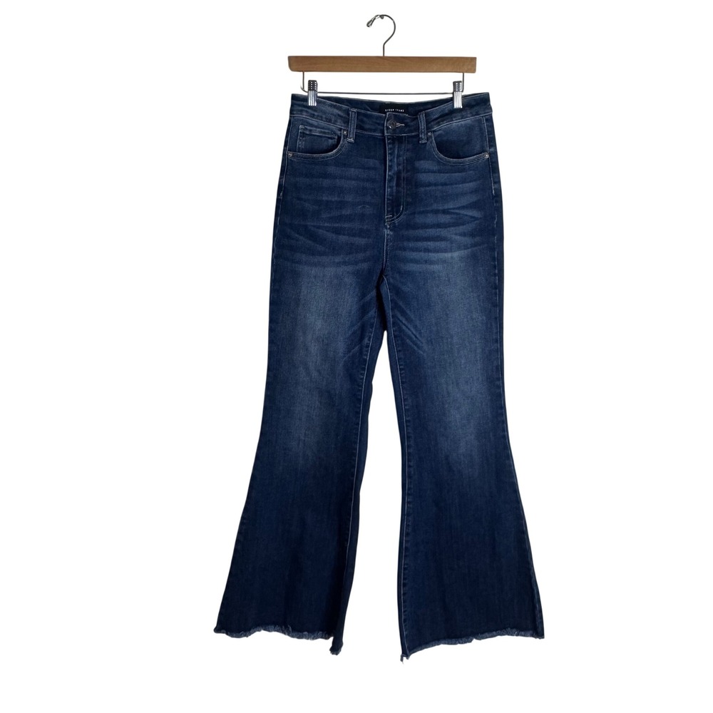 Risen Jeans Women's High Rise Flare Raw Hem Jeans Dark Wash 11/30